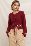 En Creme Tie Front Flower Embroidered Cardigan Style EQBK084BW in Burgundy; Daisy Embroidered Red Spring Cardigan; 