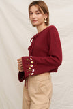 En Creme Tie Front Flower Embroidered Cardigan Style EQBK084BW in Burgundy; Daisy Embroidered Red Spring Cardigan; 