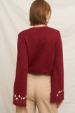 En Creme Tie Front Flower Embroidered Cardigan Style EQBK084BW in Burgundy; Daisy Embroidered Red Spring Cardigan; 