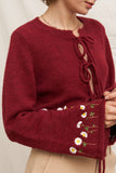 En Creme Tie Front Flower Embroidered Cardigan Style EQBK084BW in Burgundy; Daisy Embroidered Red Spring Cardigan; 