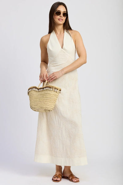 En Saison Clothing Ellis Maxi Dress Style IEI4654D in Natural with Gold; Ivory Tie Back Halter Maxi Dress with Sequin Palm Leaves summer event dress