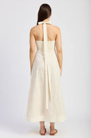 En Saison Clothing Ellis Maxi Dress Style IEI4654D in Natural with Gold; Ivory Tie Back Halter Maxi Dress with Sequin Palm Leaves summer event dress