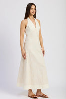 En Saison Clothing Ellis Maxi Dress Style IEI4654D in Natural with Gold; Ivory Tie Back Halter Maxi Dress with Sequin Palm Leaves summer event dress