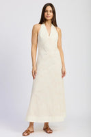 En Saison Clothing Ellis Maxi Dress Style IEI4654D in Natural with Gold; Ivory Tie Back Halter Maxi Dress with Sequin Palm Leaves summer event dress