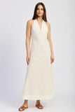 En Saison Clothing Ellis Maxi Dress Style IEI4654D in Natural with Gold; Ivory Tie Back Halter Maxi Dress with Sequin Palm Leaves summer event dress