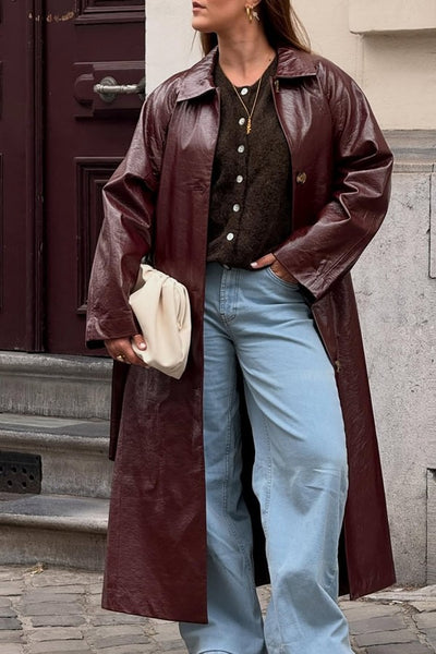 FRNCH Paris Clothing Halimi Trench Coat Style CHC25623 BRDEX in Bordeaux; Bordeaux Red Faux Leather Fall/Winter Trench Coat