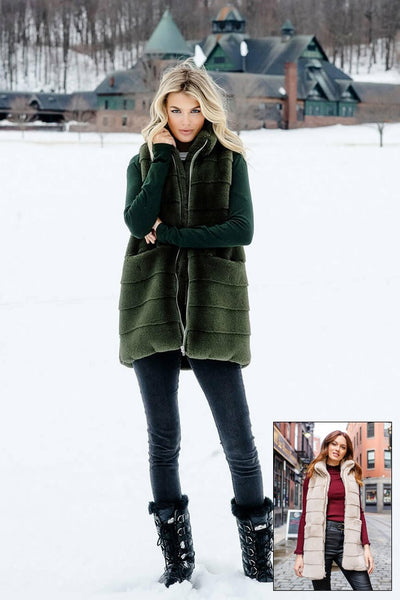 Fabulous Furs Weekender Zip Vest Style 14667 in Olive and in Stone; 