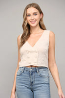 Fate by LFD Embroidered Front Button Closure Knitted Vest Style FW9374 in Natural;Cropped Knit Vest;Knit VEst Top;Fate by LFD Knit Vest; 