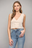 Fate by LFD Embroidered Front Button Closure Knitted Vest Style FW9374 in Natural;Cropped Knit Vest;Knit VEst Top;Fate by LFD Knit Vest; 