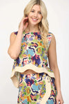 Fate by Lfd Clothing Ric Rac Trimmed Linen Blend Crop Top Style FT25313 in Multi Color tropical Lobster print; 