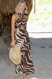 Felicite Apparel Halter Wrap Maxi Style 4790-160-ZEB in Brown Zebra, Resort Dress, Halter Neck Maxi Dress