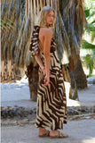 Felicite Apparel Halter Wrap Maxi Style 4790-160-ZEB in Brown Zebra, Resort Dress, Halter Neck Maxi Dress
