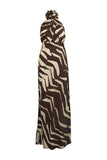 Felicite Apparel Halter Wrap Maxi Style 4790-160-ZEB in Brown Zebra, Resort Dress, Halter Neck Maxi Dress