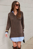 Fifteen Twenty Clothing Carrie Mixed Media Sweater Dress Style 3F89480 WOD in Wood; Brown Shirt Layered V-neck Sweater Dress
