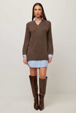 Fifteen Twenty Clothing Carrie Mixed Media Sweater Dress Style 3F89480 WOD in Wood; Brown Shirt Layered V-neck Sweater Dress