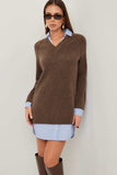 Fifteen Twenty Clothing Carrie Mixed Media Sweater Dress Style 3F89480 WOD in Wood; Brown Shirt Layered V-neck Sweater Dress