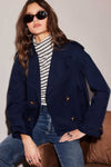 Fifteen Twenty Clothing Chelsea Cropped Trench Jacket Style 3F33900 in Navy; Navy Blue Cropped Fall Trench; Double Breasted Outerwear Jacket Jacket; 