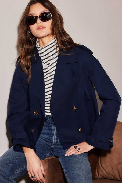 Fifteen Twenty Clothing Chelsea Cropped Trench Jacket Style 3F33900 in Navy; Navy Blue Cropped Fall Trench; Double Breasted Outerwear Jacket Jacket; 