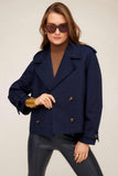 Fifteen Twenty Clothing Chelsea Cropped Trench Jacket Style 3F33900 in Navy; Navy Blue Cropped Fall Trench; Double Breasted Outerwear Jacket Jacket; 