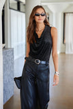 Fifteen Twenty Clothing Elisa Sleeveless Drape Neck Top style 4F68401 BKS in Black with Silver; Black sequined drape cowl neck top. Date Night Top.  Going Out Top.  Holiday Top.  Party Top