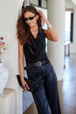 Fifteen Twenty Clothing Elisa Sleeveless Drape Neck Top style 4F68401 BKS in Black with Silver; Black sequined drape cowl neck top. Date Night Top.  Going Out Top.  Holiday Top.  Party Top