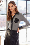 Fifteen Twenty Clothing Isabella Contrast Faux Leather Button-Up Top Style 4F89645 GRA in grey; Grey, Faux Leather Contrast Trim, Ribbed Button-up Top