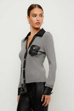 Fifteen Twenty Clothing Isabella Contrast Faux Leather Button-Up Top Style 4F89645 GRA in grey; Grey, Faux Leather Contrast Trim, Ribbed Button-up Top