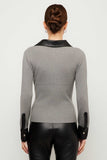 Fifteen Twenty Clothing Isabella Contrast Faux Leather Button-Up Top Style 4F89645 GRA in grey; Grey, Faux Leather Contrast Trim, Ribbed Button-up Top