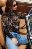 Fifteen Twenty Clothing Khami Velvet Burnout Shirred Top Style 3F66300 PRT; a Black Printed Semi Sheer Mock Neck Burnout Velvet Top
