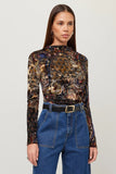 Fifteen Twenty Clothing Khami Velvet Burnout Shirred Top Style 3F66300 PRT; a Black Printed Semi Sheer Mock Neck Burnout Velvet Top