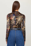 Fifteen Twenty Clothing Khami Velvet Burnout Shirred Top Style 3F66300 PRT; a Black Printed Semi Sheer Mock Neck Burnout Velvet Top