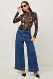 Fifteen Twenty Clothing Khami Velvet Burnout Shirred Top Style 3F66300 PRT; a Black Printed Semi Sheer Mock Neck Burnout Velvet Top