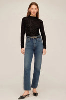 Fifteen Twenty Clothing Khami Velvet Burnout Shirred Top style 3F39702 in Leopard Black; Black Velvet Leopard embossed Semi Sheer Night Out Top