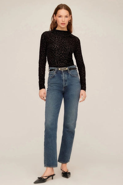 Fifteen Twenty Clothing Khami Velvet Burnout Shirred Top style 3F39702 in Leopard Black; Black Velvet Leopard embossed Semi Sheer Night Out Top
