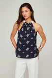 Fifteen Twenty Clothing Sicilie Tank Style 1F70303 in Navy; women's cotton floral embroidered contrast tie halter neck spring summer top