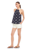 Fifteen Twenty Clothing Sicilie Tank Style 1F70303 in Navy; women's cotton floral embroidered contrast tie halter neck spring summer top