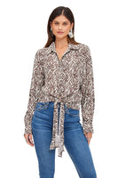 Fifteen Twenty lightweight Tie-Front top in brown and ivory wood grain print on Italian crepe fabric, showcasing a relaxed yet refined style with hemline tie detail. STyle Number 3F25586 PRT