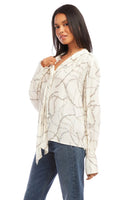 Fifteen Twenty tie neck top in ivory chain link print Italian crepe fabric, featuring soft tie at V-neck and billowy blouson sleeves for an elegant and modern look. Style Number 3F30548 Prt