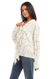 Fifteen Twenty tie neck top in ivory chain link print Italian crepe fabric, featuring soft tie at V-neck and billowy blouson sleeves for an elegant and modern look. Style Number 3F30548 Prt