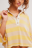 Free People Clothing Auggie Tee Style OB2522317 in Oat Latte Yellow Finch. Women's Cotton striped slouchy polo style pullover spring summer top.