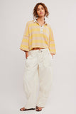 Free People Clothing Auggie Tee Style OB2522317 in Oat Latte Yellow Finch. Women's Cotton striped slouchy polo style pullover spring summer top.