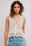 Free PEople Clothing Ellis Blouse Style OB2463051 in Tea Combo. 100% Cotton Embroidered Button front sleeveless bohemian inspired spring summer top