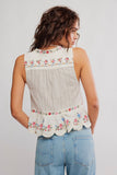 Free People Clothing Ellis Blouse Style OB2463051 in Tea Combo. 100% Cotton Embroidered Button front sleeveless bohemian inspired spring summer top