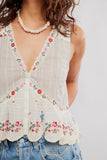 Free People Clothing Ellis Blouse Style OB2463051 in Tea Combo. 100% Cotton Embroidered Button front sleeveless bohemian inspired spring summer top