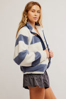 Free People Clothing Rocky Ridge Jacket Style OB1021427 in Rugby Stripe; Rugby Stripe Fleece Fall Jacket; Free People Blue and White Stripe Fleece Jacket; Fall Jacket