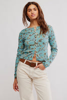 Free PEople Clothing Tilly Long Sleeve Printed Cardigan Style OB2240037 in Mineral Blue Combo; 