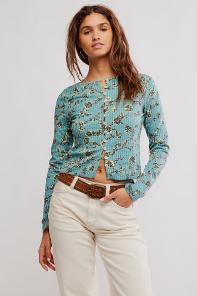 Free PEople Clothing Tilly Long Sleeve Printed Cardigan Style OB2240037 in Mineral Blue Combo; 