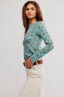 Free PEople Clothing Tilly Long Sleeve Printed Cardigan Style OB2240037 in Mineral Blue Combo; 