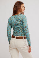 Free PEople Clothing Tilly Long Sleeve Printed Cardigan Style OB2240037 in Mineral Blue Combo; 