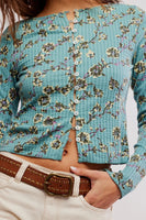 Free PEople Clothing Tilly Long Sleeve Printed Cardigan Style OB2240037 in Mineral Blue Combo; 